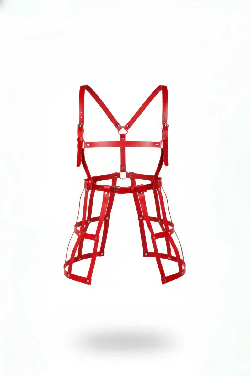 Red Faux Leather Full Body Cage Harness with Thigh Cages