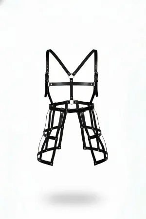 Black faux leather full body cage harness with adjustable thigh straps