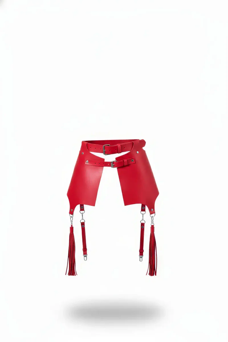 Red Faux Leather Thigh Harness Detachable Tassels Wide Panels