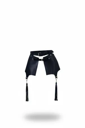 Black Faux Leather Waist Harness with Split Panels and Detachable Tassels Front View