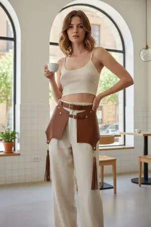 Brown Tiered Vegan Leather Waist Harness with Tassels on model