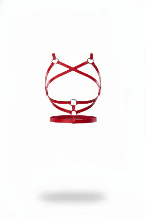 Red Faux Leather Criss-Cross Chest Harness with O-Rings