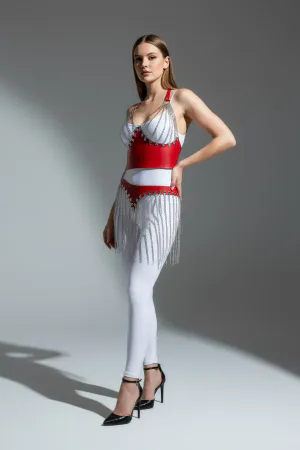 Red faux leather harness with silver chain fringe skirt detail