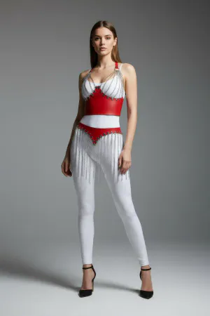 Red faux leather harness with silver chain fringe skirt detail