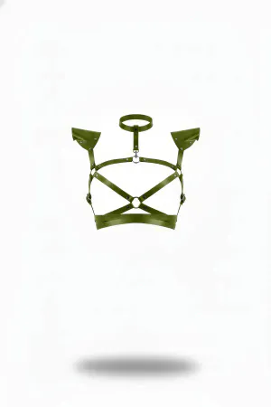Olive Vegan Leather Chest Harness with Structured Shoulder Pads and Choker