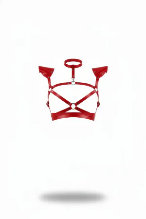Red Faux Leather Winged Shoulder Chest Harness Choker Integrated O-Ring