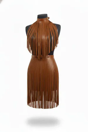Brown Faux Leather Fringed Harness Top and Midi Skirt Set Halter Neck Cascading Strands