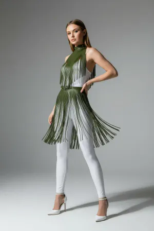 Olive green faux leather fringe halter-neck top and waist harness set