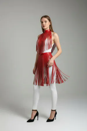Red Faux Leather Fringe Overlay Skirt with High Waist