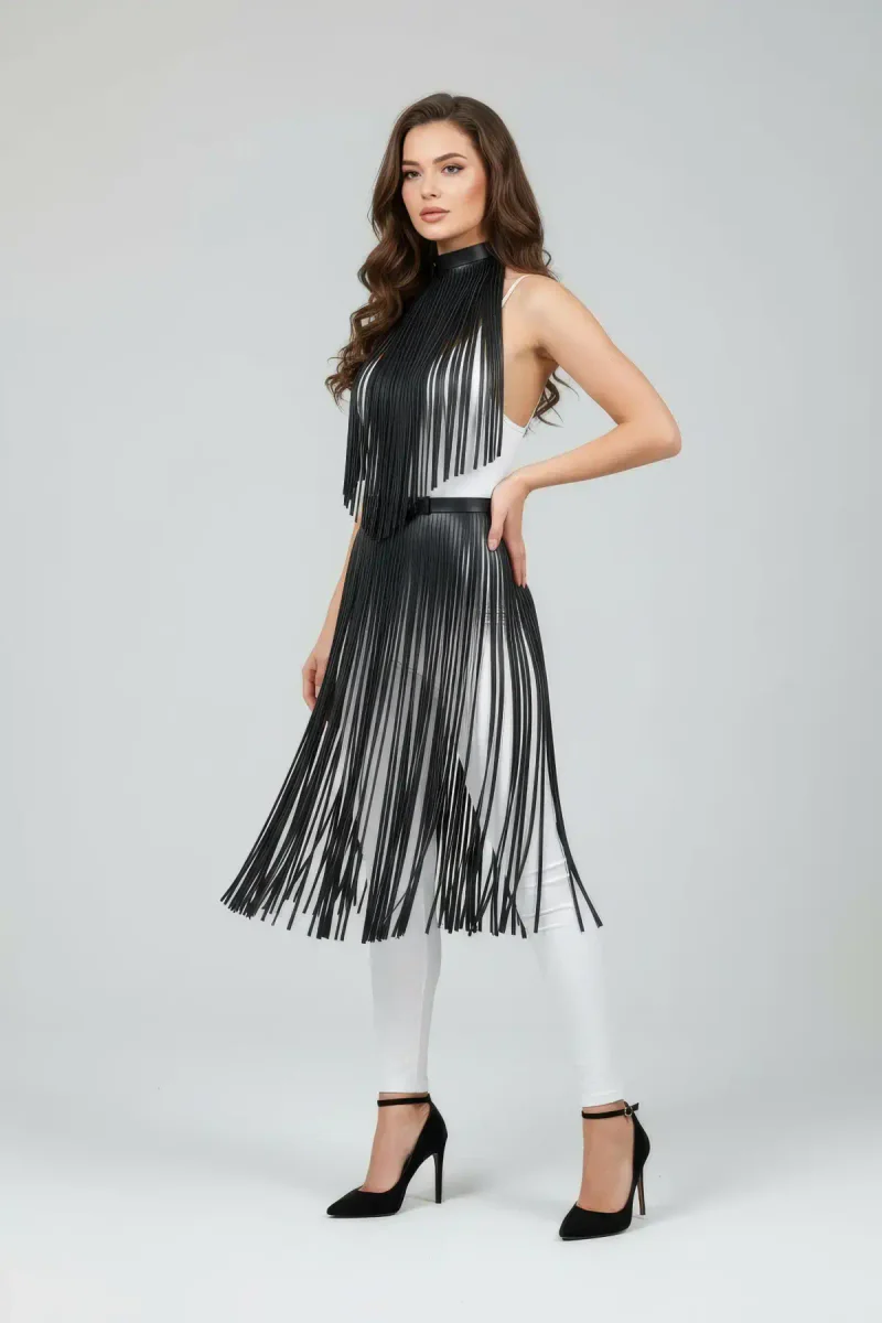 Close-up of black faux leather fringe detail on mock neck harness