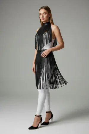 Black faux leather fringe mock neck harness overlay draped on model