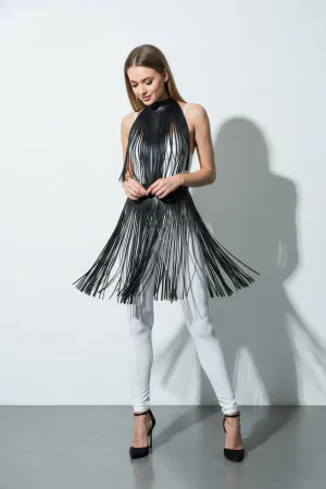 Black faux leather fringe mock neck harness overlay draped on model