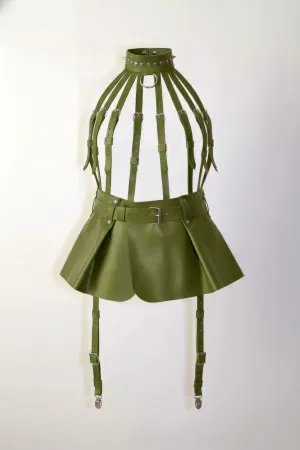 Olive vegan leather caged harness with pleated skirt and garter straps