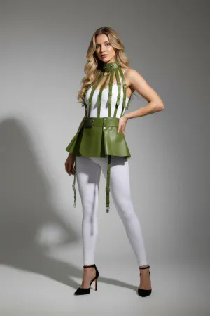 Olive Green Vegan Leather Peplum Body Harness Women High Neck Adjustable Leg Straps