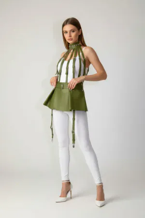 Olive Green Vegan Leather Peplum Body Harness Women High Neck Adjustable Leg Straps