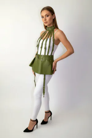 Olive Green Vegan Leather Peplum Body Harness Women High Neck Adjustable Leg Straps