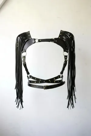 Black Faux Leather Chest Harness with Dramatic Shoulder Fringes and Silver Stud Accents