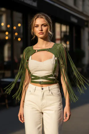 Khaki Faux Leather Fringe Chest Harness with Metal Studs