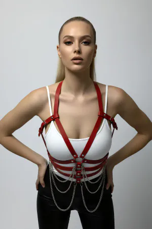 Red Faux Leather Strappy Body Harness with Draped Chains Women