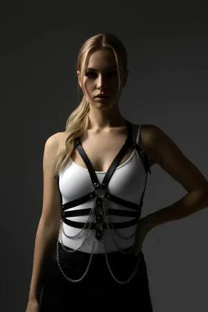 Black Caged Faux Leather Chest Harness with Draped Silver Chains