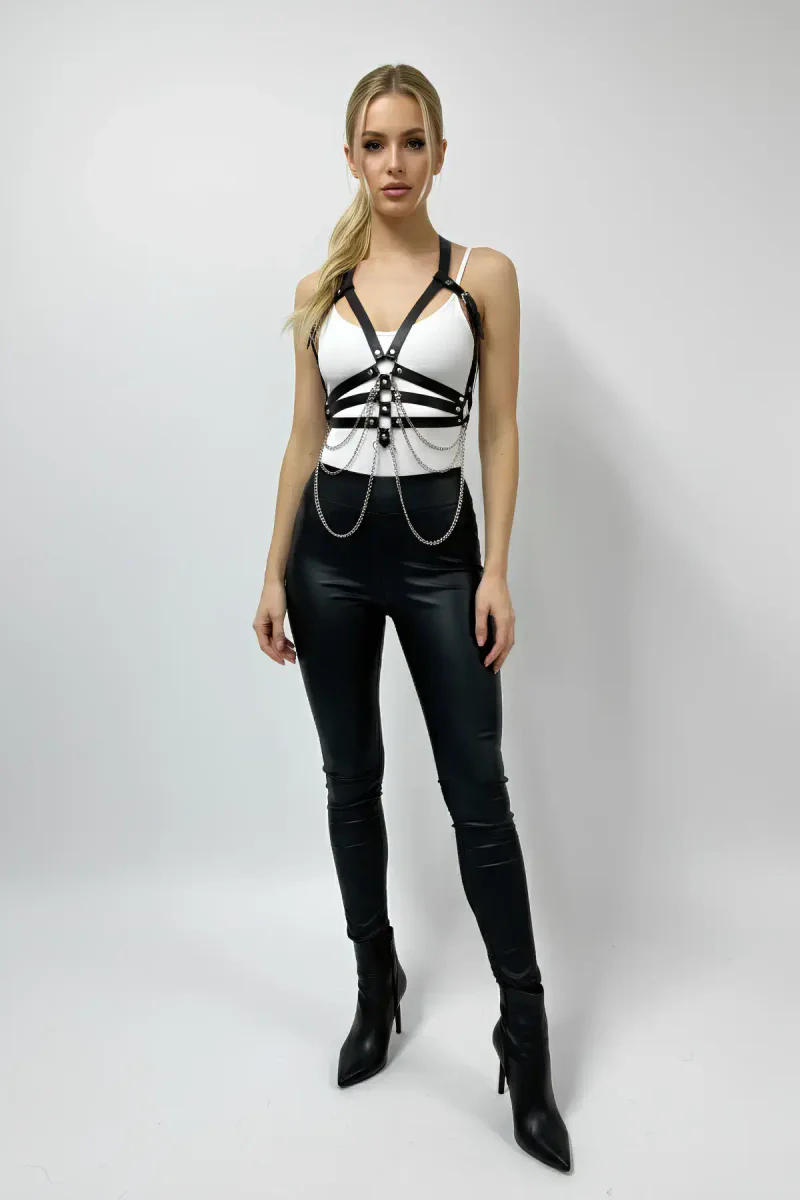 Festival black faux leather harness outfit with