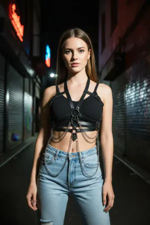 Black Faux Leather Body Harness with Cascading Silver Chains Worn on Model