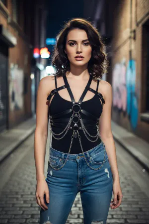 Black Faux Leather Body Harness with Cascading Silver Chains Worn on Model