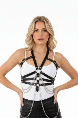 Red Faux Leather Chest Harness with O-Rings and Draping Silver Chains on Model