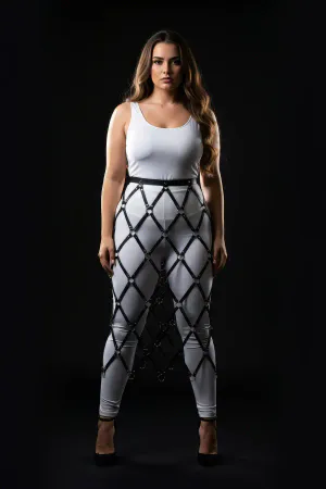 Black diamond lattice skirt harness with O-rings worn by a plus-size model