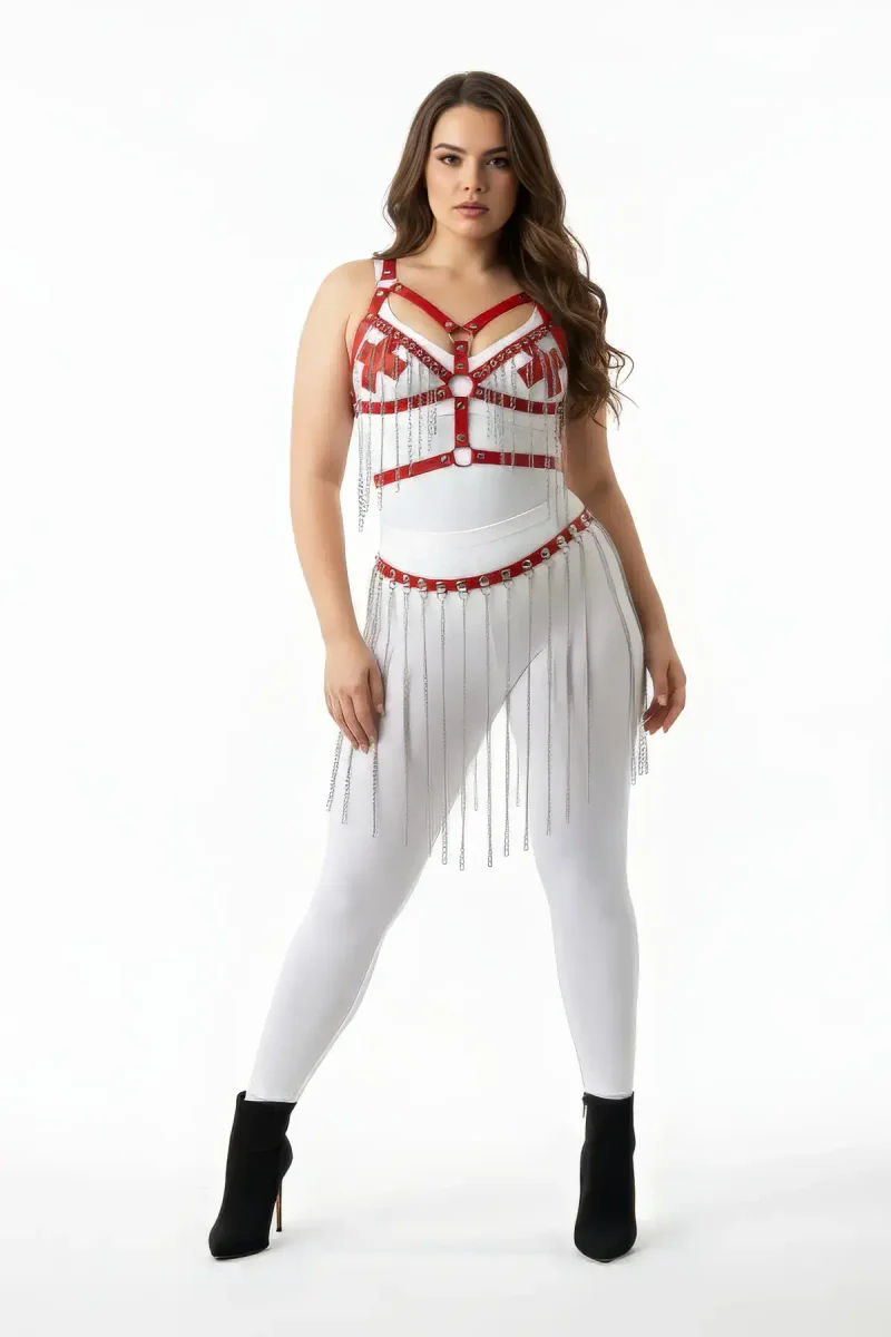 White faux leather harness with red bust detailing, front view
