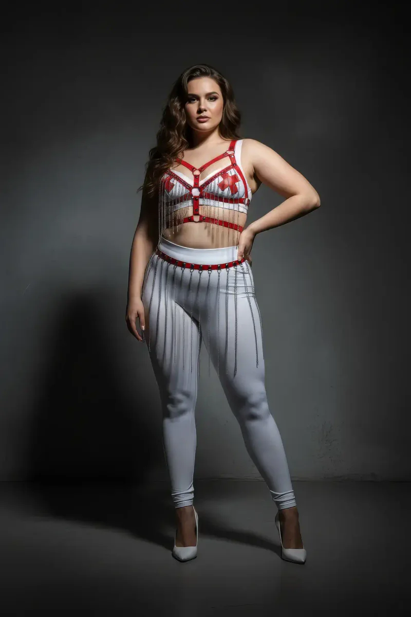 White faux leather harness with red accents, side profile