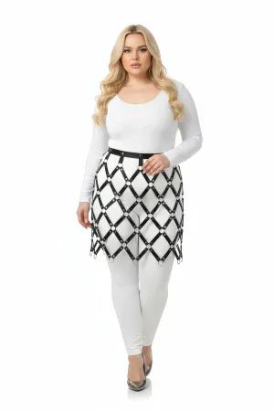 Diamond faux leather skirt harness overlay black silver O-rings