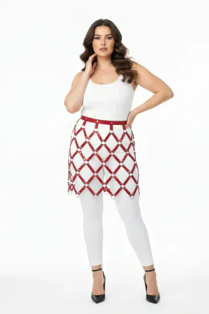 Burgundy faux leather geometric harness skirt with silver O-rings