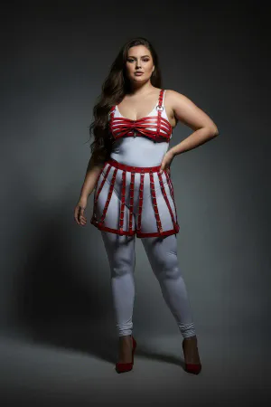 Red faux leather cage skirt and bra harness set on model
