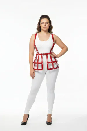 Kırmızı Gladyatör Suni Deri Korse Vücut Harness Parlak Bitişli