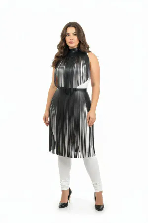 Black faux leather fringe overlay high neck harness dress with integrated waist belt