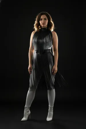 Black faux leather fringe overlay high neck harness dress with integrated waist belt