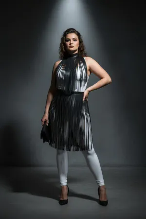 Black faux leather fringe overlay high neck harness dress with integrated waist belt