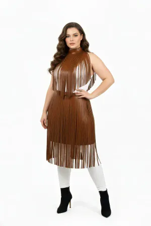 Brown Faux Leather Fringed Layering Body Harness Top and Skirt
