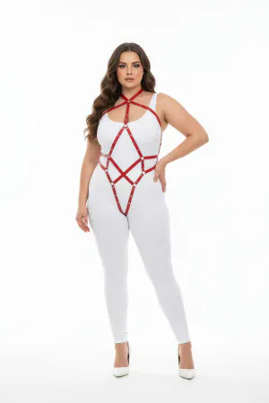 Red faux leather full body harness with adjustable straps and O-rings worn by a plus-size model.