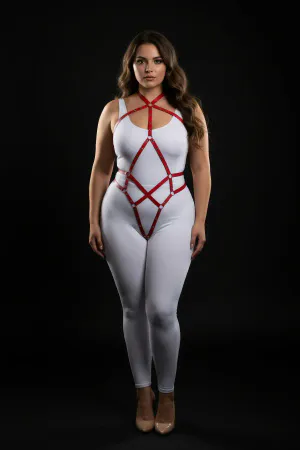 Red faux leather full body harness with adjustable straps and O-rings worn by a plus-size model.