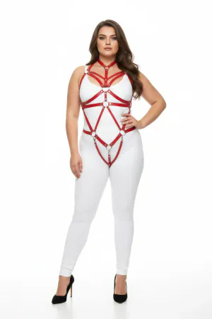 Red faux leather body harness with O-ring accents and adjustable straps