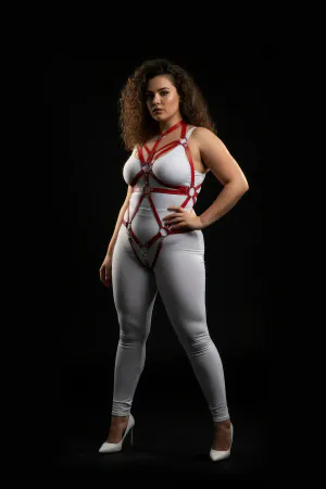 Red faux leather body harness with O-ring accents and adjustable straps
