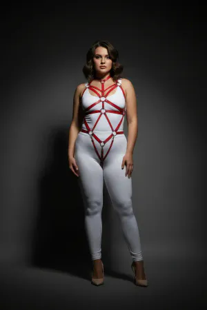 Red faux leather body harness with O-ring accents and adjustable straps
