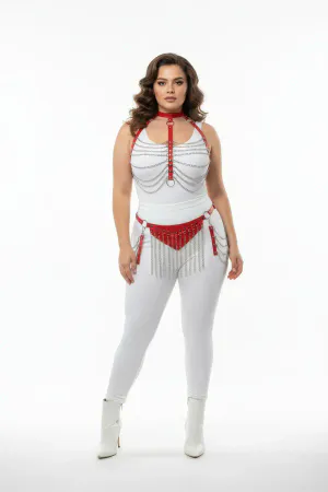 Red Faux Leather Harness Set with Chain Fringe for Women Adjustable