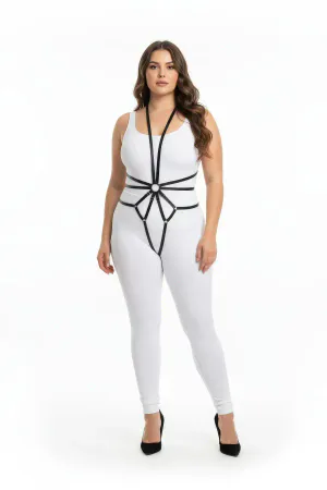 Black faux leather full body harness with central O-ring detail and adjustable straps