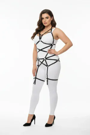 Black faux leather strappy full body harness with O-rings