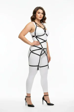 Black faux leather strappy full body harness with O-rings