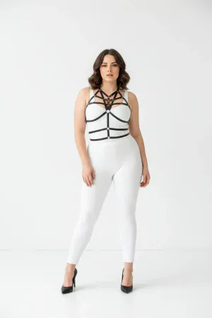 Black Faux Leather Caged Chest Harness Plus Size Model
