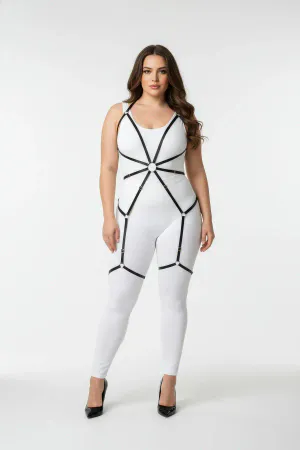 Black adjustable full body harness with O-ring detail worn by a plus size model.